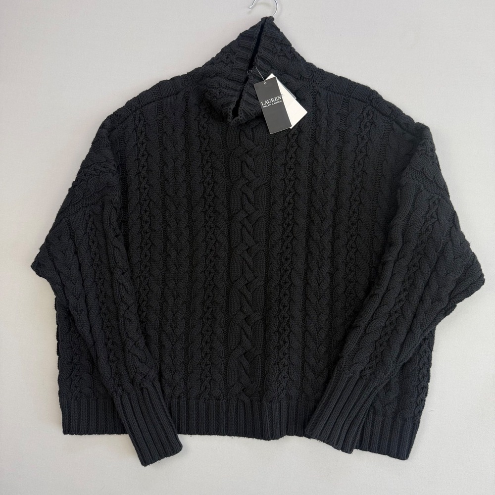 NWT Lauren Ralph Lauren Cozy Old Money Cable Knit Mock Neck Sweater Black XXL